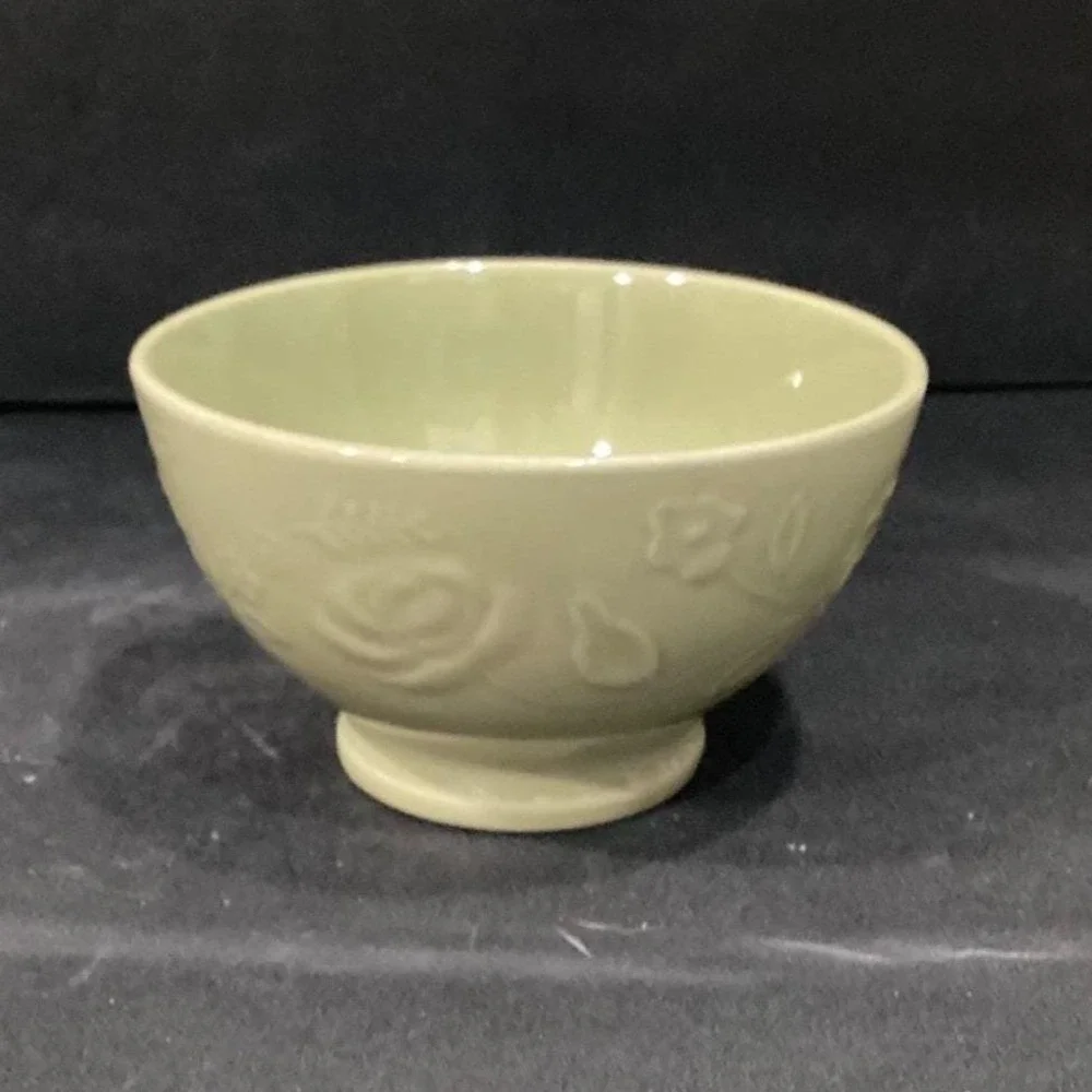 Incised Rose Green Soup Bowls, Set of‎ 2, Floral Pedestal Dishes, Tableware